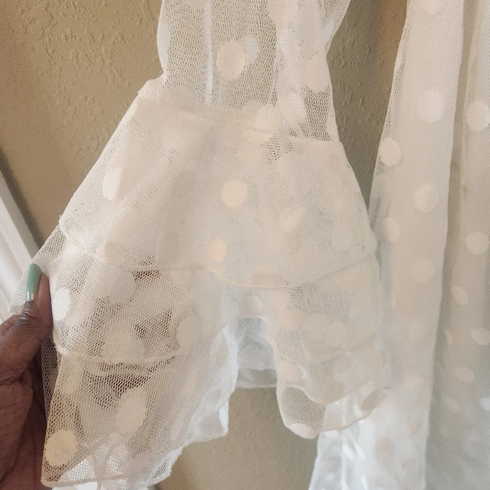 White polka dot bell sleeve dress. Stretchy collar that can be worn off shoulder - Picture 9 of 11